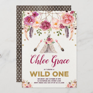 Tribal Boho Floral WILD ONE Birthday Party Teepe Einladung