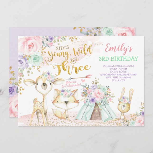 Tribal Boho Woodland Animals Teepe 3. Geburtstag Einladung (Vorne/Hinten)