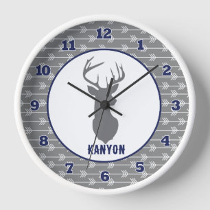 Tribal Buck Gray Navy Blue Arrows Baby Kinderzimme Uhr