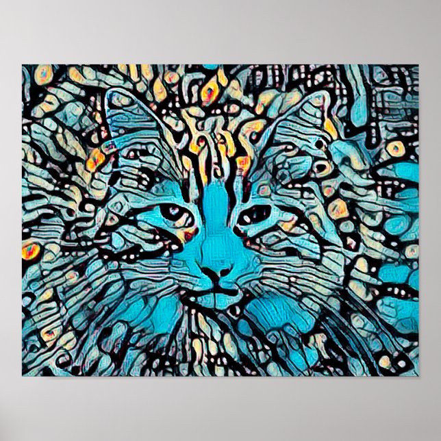 Tribal Cat Blue Yellow Mosaik Abstrakt Art Design Poster (Vorne)