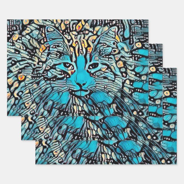 Tribal Cat Blue Yellow Mosaik Abstrakte Decoupage Geschenkpapier Set (Set)