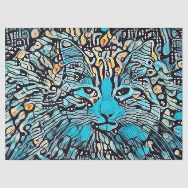 Tribal Cat Blue Yellow Mosaik Abstrakte Decoupage Seidenpapier (Vorderseite)