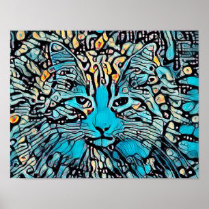 Tribal Cat Blue Yellow Mosaik Abstraktes Kunstdesi Poster