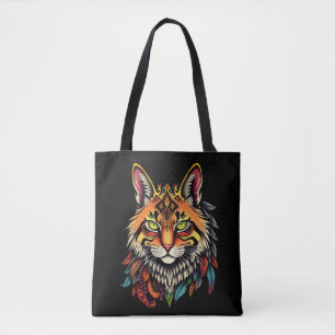 Tribal Cat Head Graphic T-Shirt mit Feather Detail