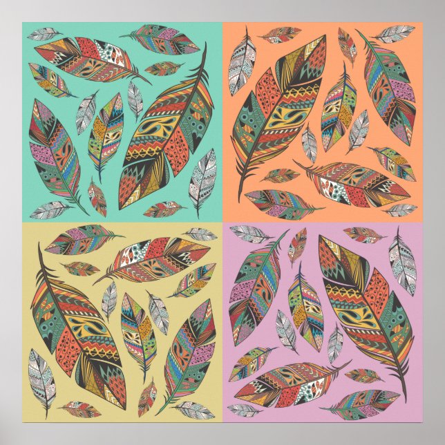 Tribal Design Feathers on Four Color Squares Poster (Vorne)