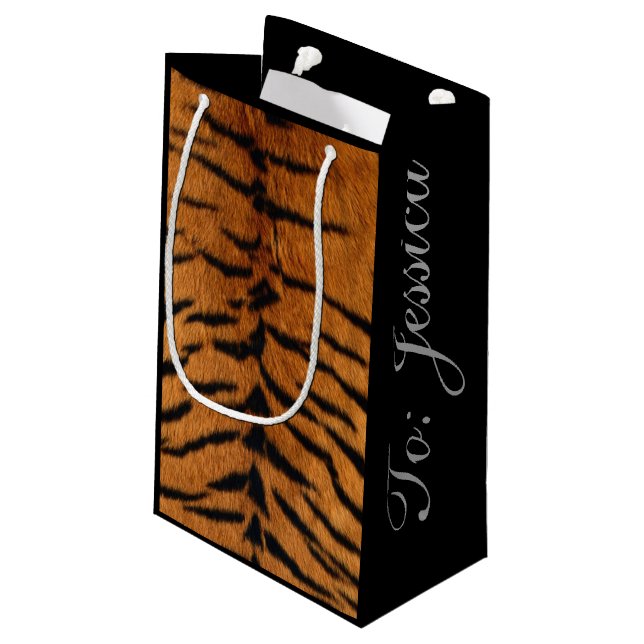 Tribal Dschungeltierpelz Tiger Print Kleine Geschenktüte (Rückseite Schrägansicht)