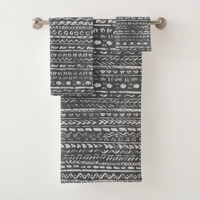 Tribal Ethnic Mud Stoffmuster Grau Weiß Badhandtuch Set (Insitu)