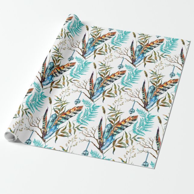 Tribal Feather & Hanging Blue Cristal Muster Geschenkpapier (Ungerollt)