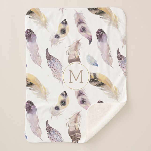 Tribal Federn Muster pastellfarbene Wasserfarben Sherpadecke (Vorderseite)