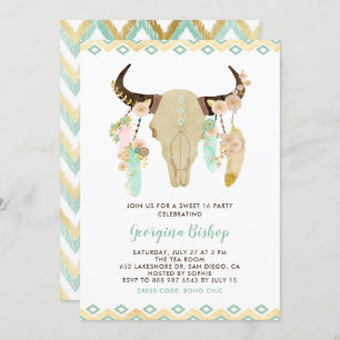 Tribal Floral Skull and Feathers 16 . Geburtstag Einladung