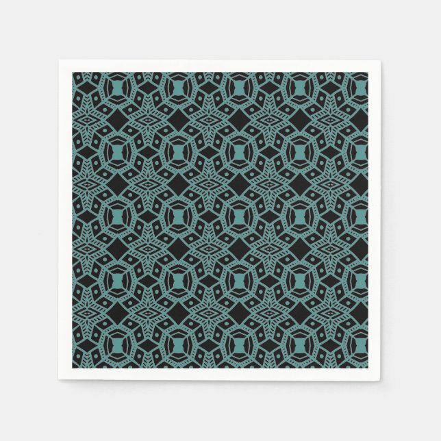 Tribal Gemis Black & Aquamarin Pattern Papier Napk Serviette (Vorderseite)