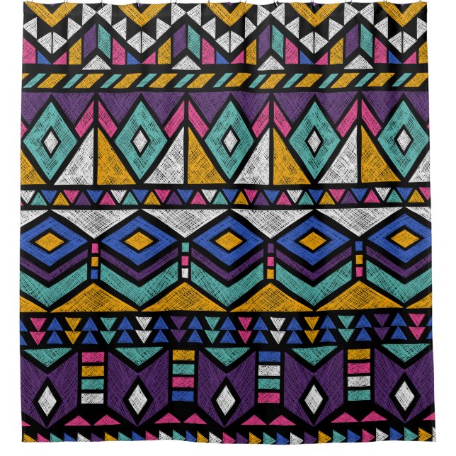 Tribal Geometric Aztec: Farbiges Vintages Muster Duschvorhang (Vorderseite)