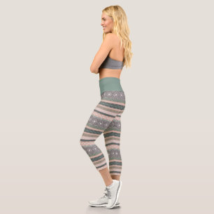 Tribal Geometric Mudcloth Stripe Boho Green Beige Capri Leggings