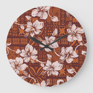 Tribal Hawaiian: Hibiskus Blume Wallpaper Große Wanduhr