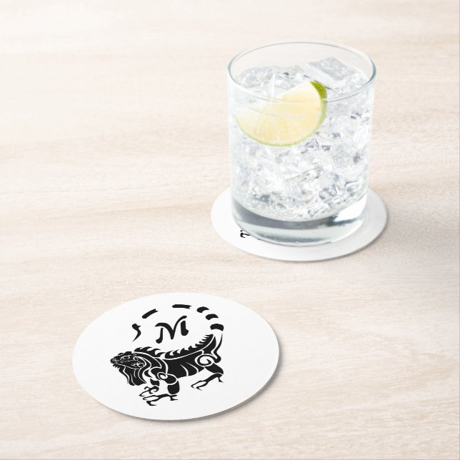 Tribal Iguana Monogram Runder Pappuntersetzer (Vor Ort)