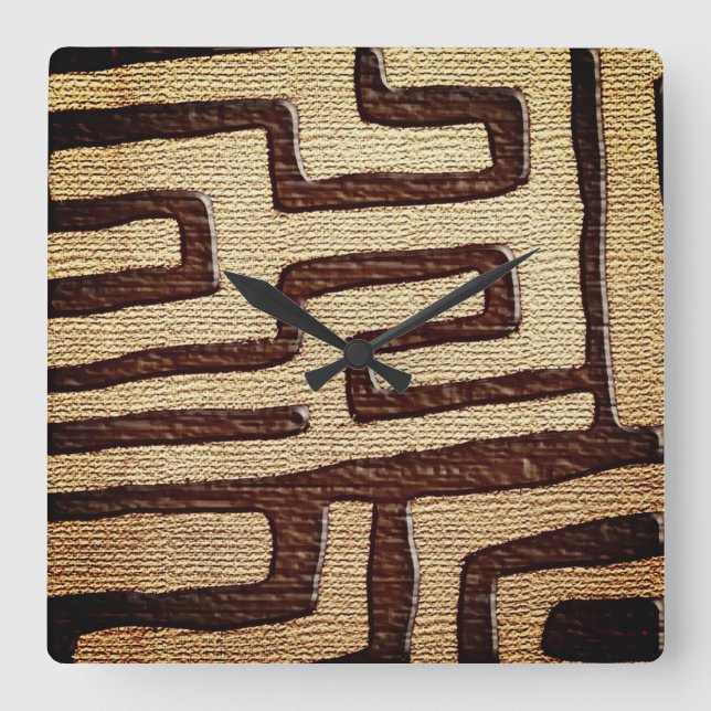Tribal Kuba Tuch Print Square Wall Clock Quadratische Wanduhr (Vorderseite)