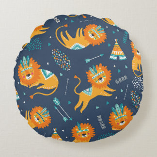 Tribal Lions Cartoon Nahtloses Muster Rundes Kissen