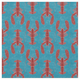 Tribal Lobster Red on Blue Nautical Stoff