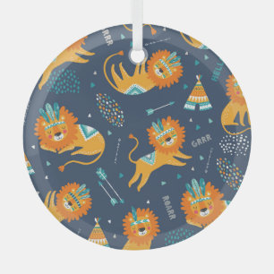 Tribal-Löwen Cartoon Nahtloses Muster Ornament Aus Glas