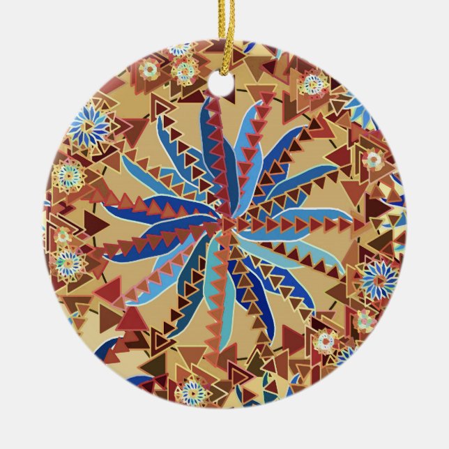 Tribal Mandala Print, Camel Tan und Denim Blue Keramik Ornament (Vorne)