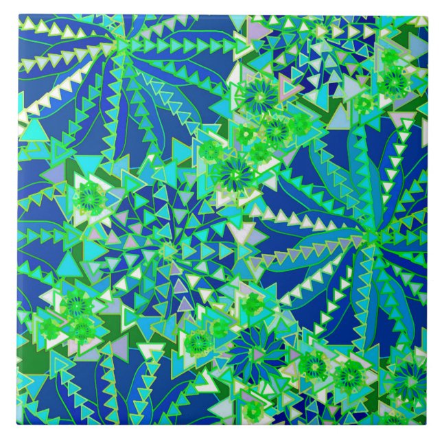 Tribal Mandala Print, Cobalt Blue und Green Fliese (Vorderseite)