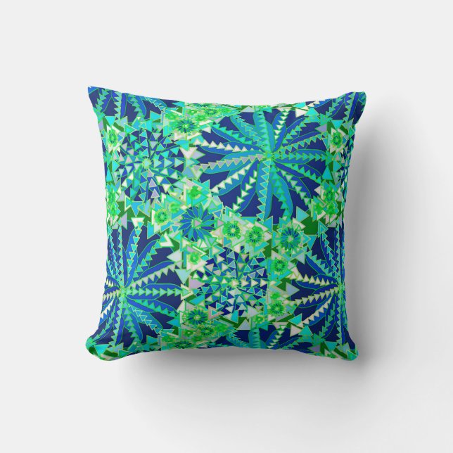 Tribal Mandala Print, Cobalt Blue und Green Kissen (Vorderseite)
