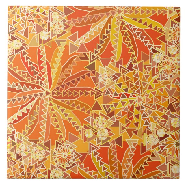 Tribal Mandala Print, Orange und Mustard Gold Fliese (Vorderseite)