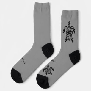 Tribal-Meeres-Schildkröte, schwarz, Text auf Grau Socken