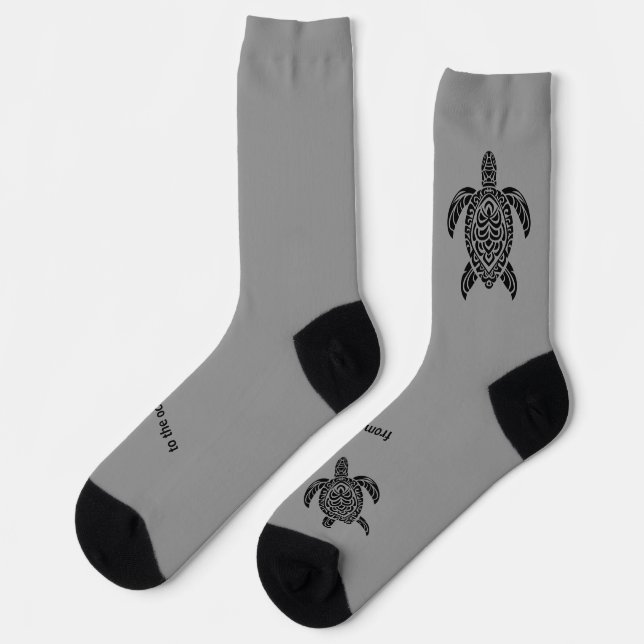 Tribal-Meeres-Schildkröte, schwarz, Text auf Grau Socken (Linkes Detail)