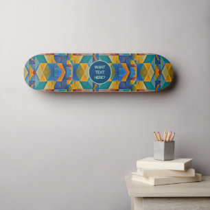 Tribal Mosaic: Blue Orange Aquamarin Shapes - Text Skateboard