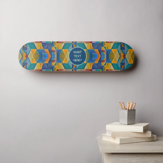 Tribal Mosaic: Blue Orange Aquamarin Shapes - Text Skateboard (Wandkunst (Horz))