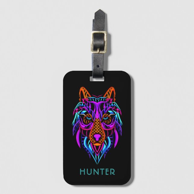 Tribal Neon Wolf Personalisiert Gepäckanhänger (Vorderseite Vertikal)