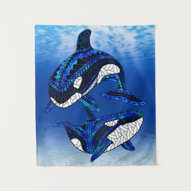 Tribal Orca Killer Whales Wandteppich (Vorderseite)