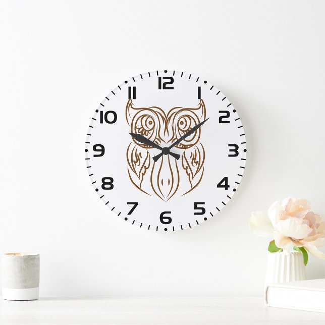 Tribal Owl Line Kunst Modernes Braun Abstrakt Große Wanduhr (Von Creator hochgeladen)