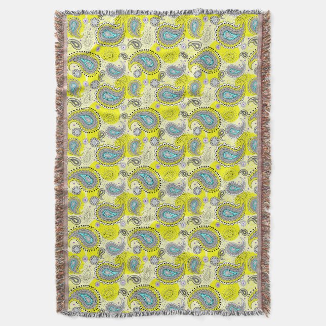 Tribal Paisley Pattern Lemon Yellow Turquoise Decke (Vorderseite Vertikal)