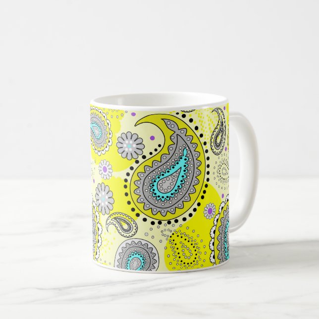 Tribal Paisley Pattern Lemon Yellow Turquoise Kaffeetasse (VorderseiteRechts)