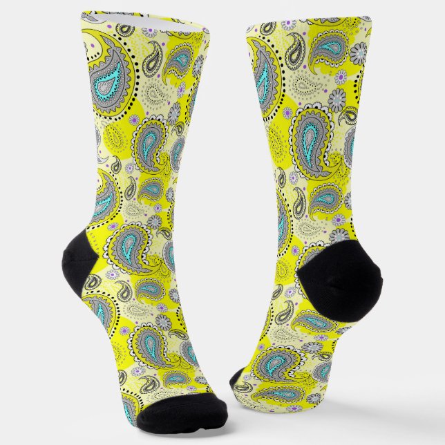Tribal Paisley Pattern Lemon Yellow Turquoise Socken (Gewinkelt)