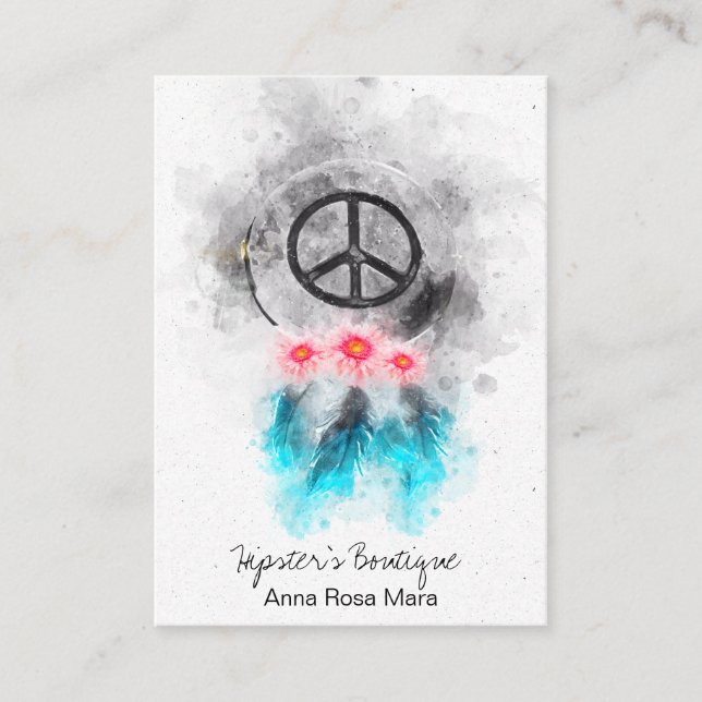 *~* Tribal Peace Sign Feathers Blume Boho Grunge Visitenkarte (Vorderseite)