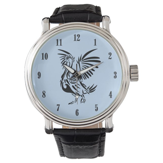 Tribal Pelican Art Black Numbers Blue Armbanduhr (Vorderseite)