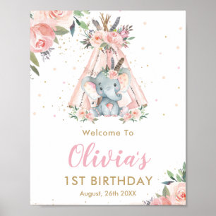 Tribal Pink Floral Elefant 1. Geburtstag Willkomme Poster