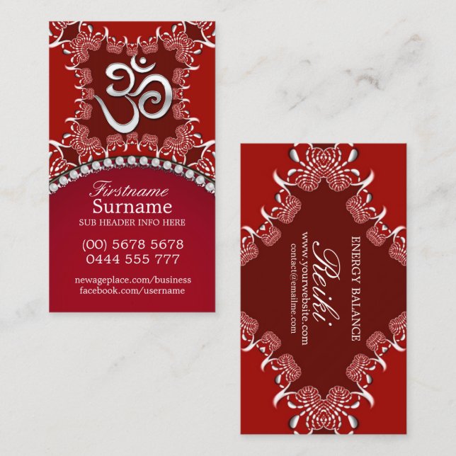 Tribal Red Silver Om Reiki Yoga Business Cards Visitenkarte (Vorne/Hinten)