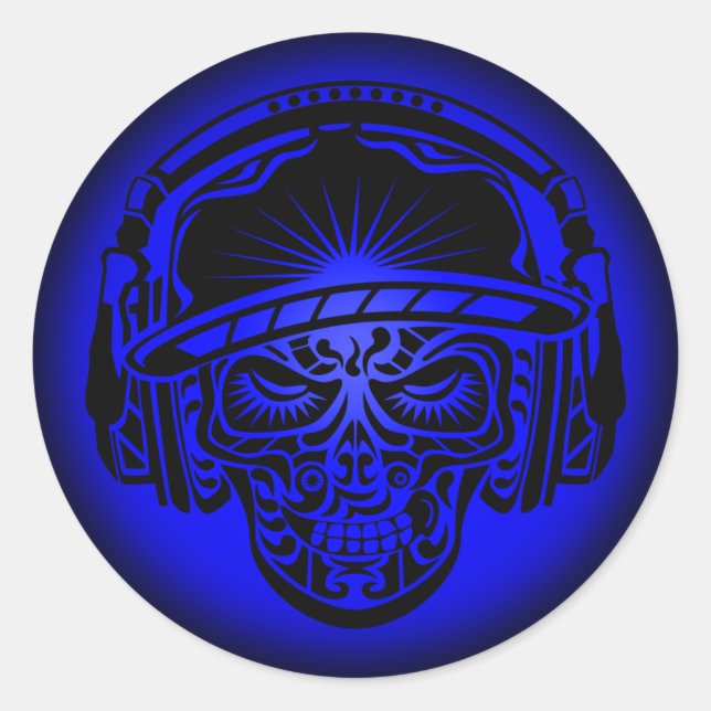 TRIBAL SKULL BLUE RUNDER AUFKLEBER (Vorderseite)
