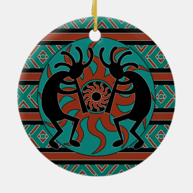 Tribal Sun Turquoise Kokopelli Südwest Weihnachten Keramikornament (Hinten)