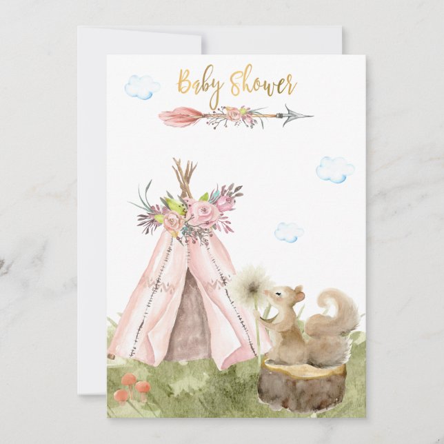 *~* Tribal Teepee Boho Squirrel Wald Wald Einladung (Vorderseite)