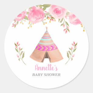 Tribal Teepee Pink Floral Baby Dusche Runder Aufkleber