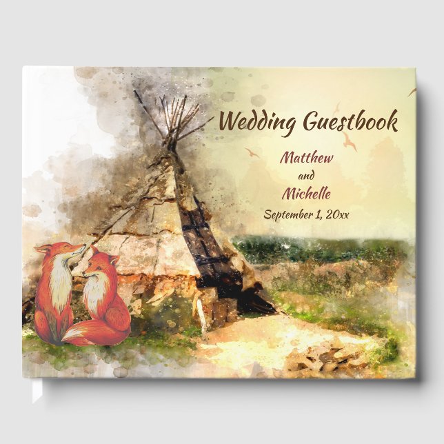 Tribal Tipi und Füchse in Liebe Boho Teepee Weddin Gästebuch (Vorderseite)