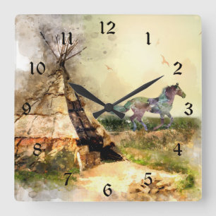 Tribal Tipi und Indischer Pony Boho Horse Teepee Quadratische Wanduhr