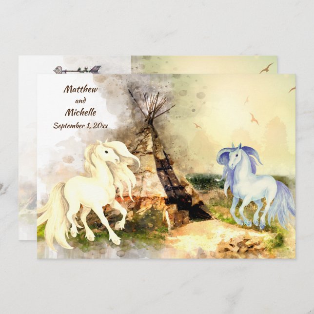 Tribal Tipi und Pferde in Liebe Boho Teepee Weddin Einladung (Vorne/Hinten)