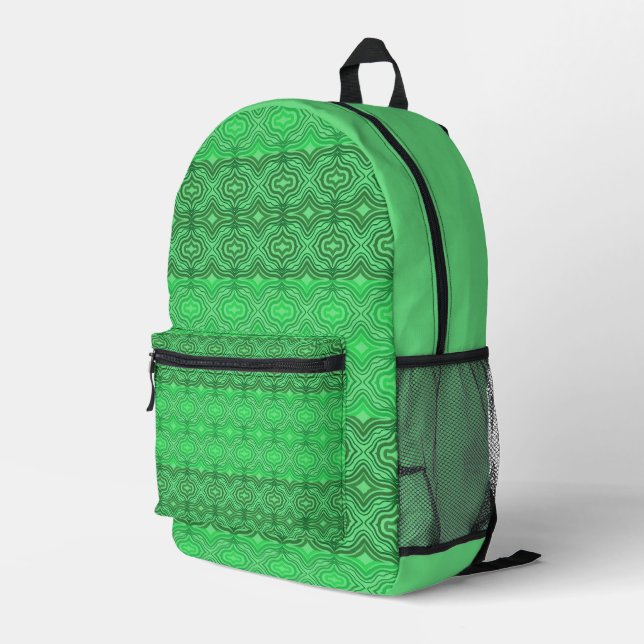 Tribal Tropical Wavy Green Lines Geometrie Art Bedruckter Rucksack (Rückseitige Ecke Rechts)