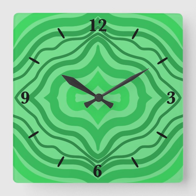 Tribal Tropical Wavy Green Lines Geometrie Art Quadratische Wanduhr (Vorderseite)